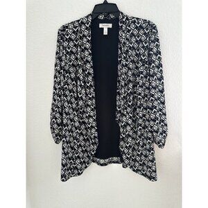 Dressbarn Womens Flowy Open Blazer 1X Waterfall B&W Geometric Rushed Sleeve Work